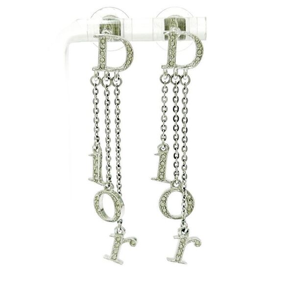 Christian DIOR Metal Rhinestone Dior Logo Swing Earrings Women's Silver 491945